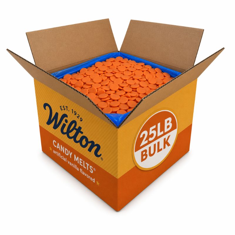 Orange Wilton chocolate confectionery melting wafers in a 25lb bulk bag, perfect for candy and dessert decorations.