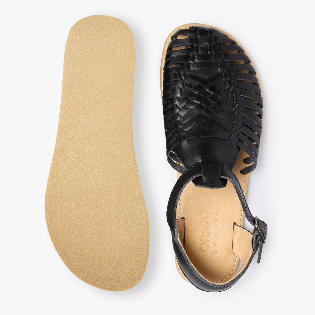 Origo Shoes La sandalia Huarache de Anya, minimalist barefoot sandal with woven straps and open toe design.