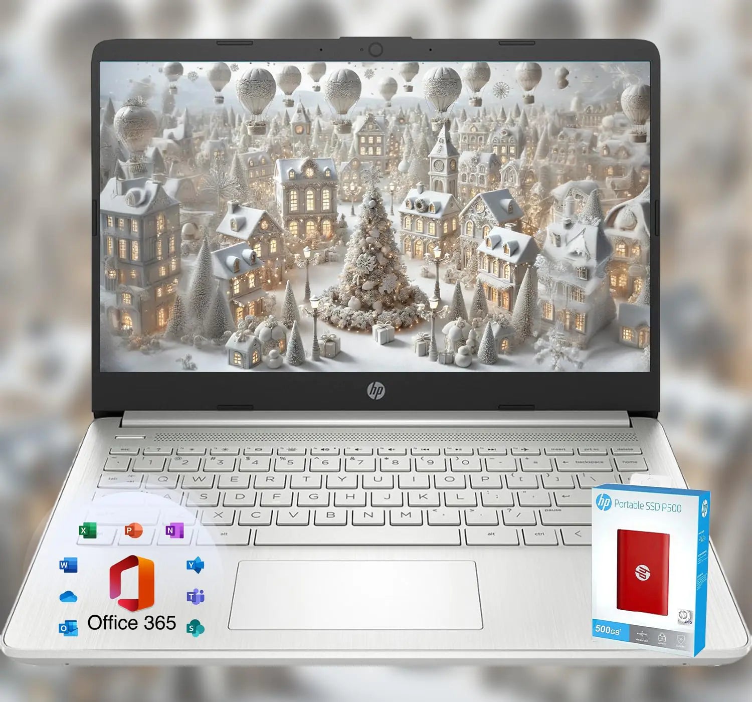 HP 14 Laptop • Back to School Limited Edition with Microsoft 365 • 4-Core Intel CPU • 8GB RAM • 1.6TB Storage (128GB OnBoard + 512GB P500 Portable SSD + 1TB OneDrive) • Natural Silver • Win 11