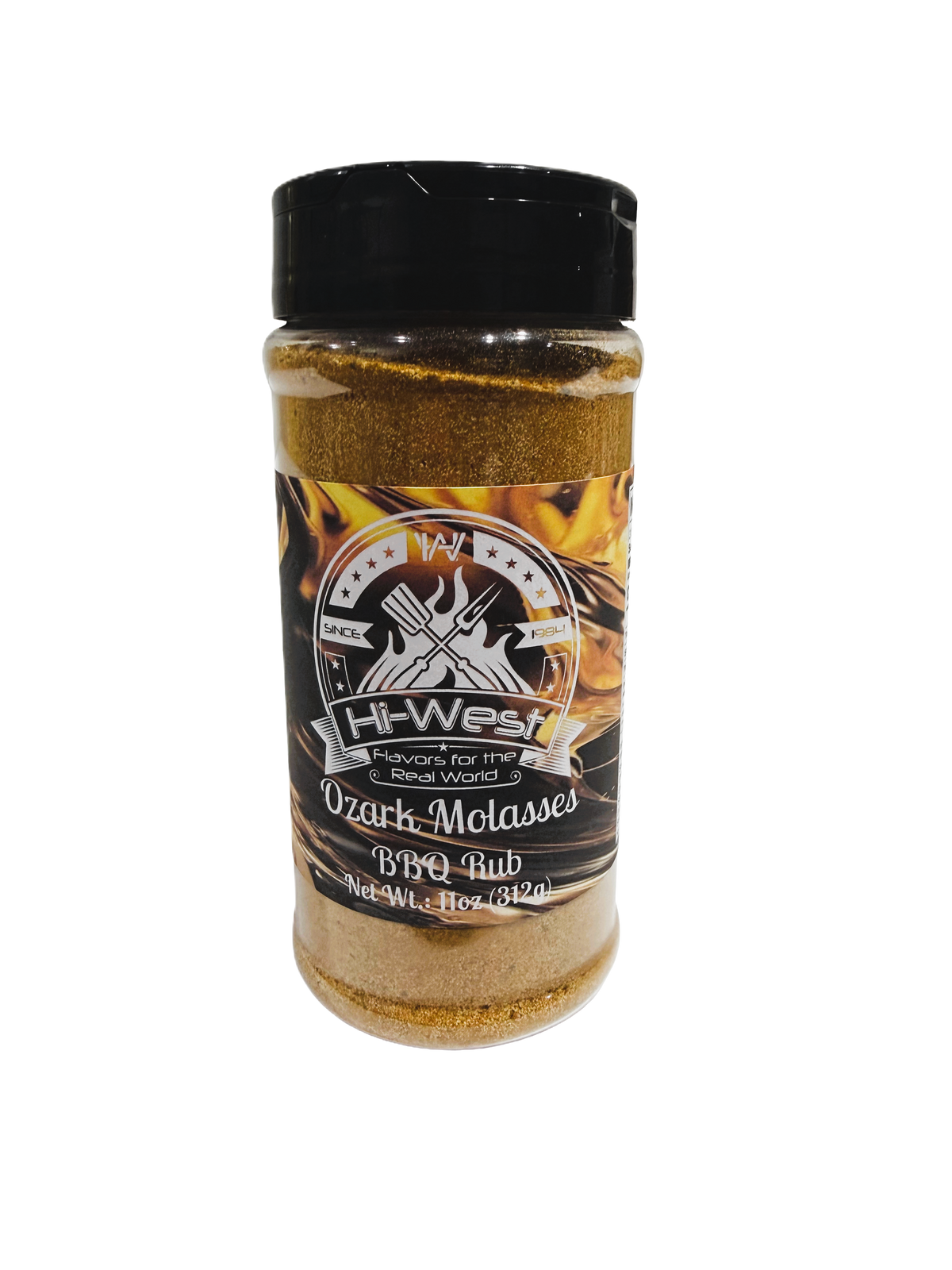 Close-up of Hi-West Ozark Molasses BBQ seasoning jar with label displaying spicy, smoky barbecue spice blend from Hi-West Foods, Inc.
