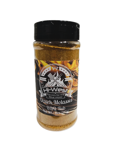Close-up of Hi-West Ozark Molasses BBQ seasoning jar with label displaying spicy, smoky barbecue spice blend from Hi-West Foods, Inc.