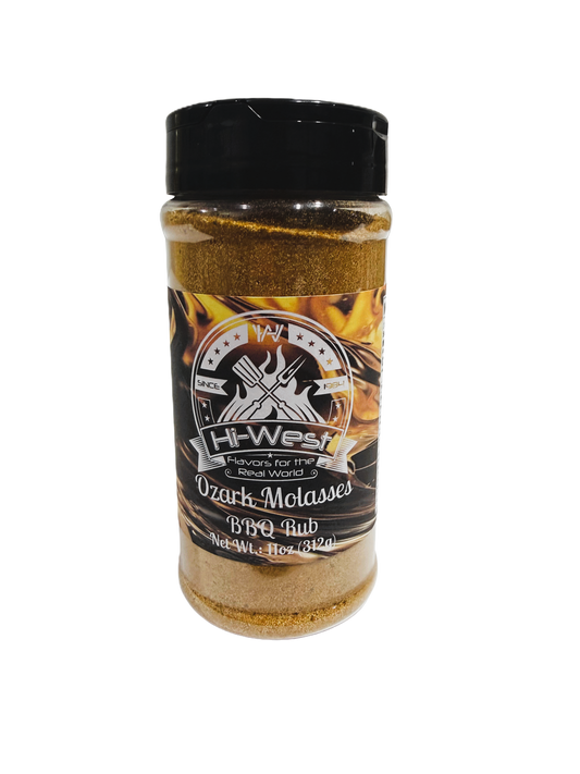 Close-up of Hi-West Ozark Molasses BBQ seasoning jar with label displaying spicy, smoky barbecue spice blend from Hi-West Foods, Inc.