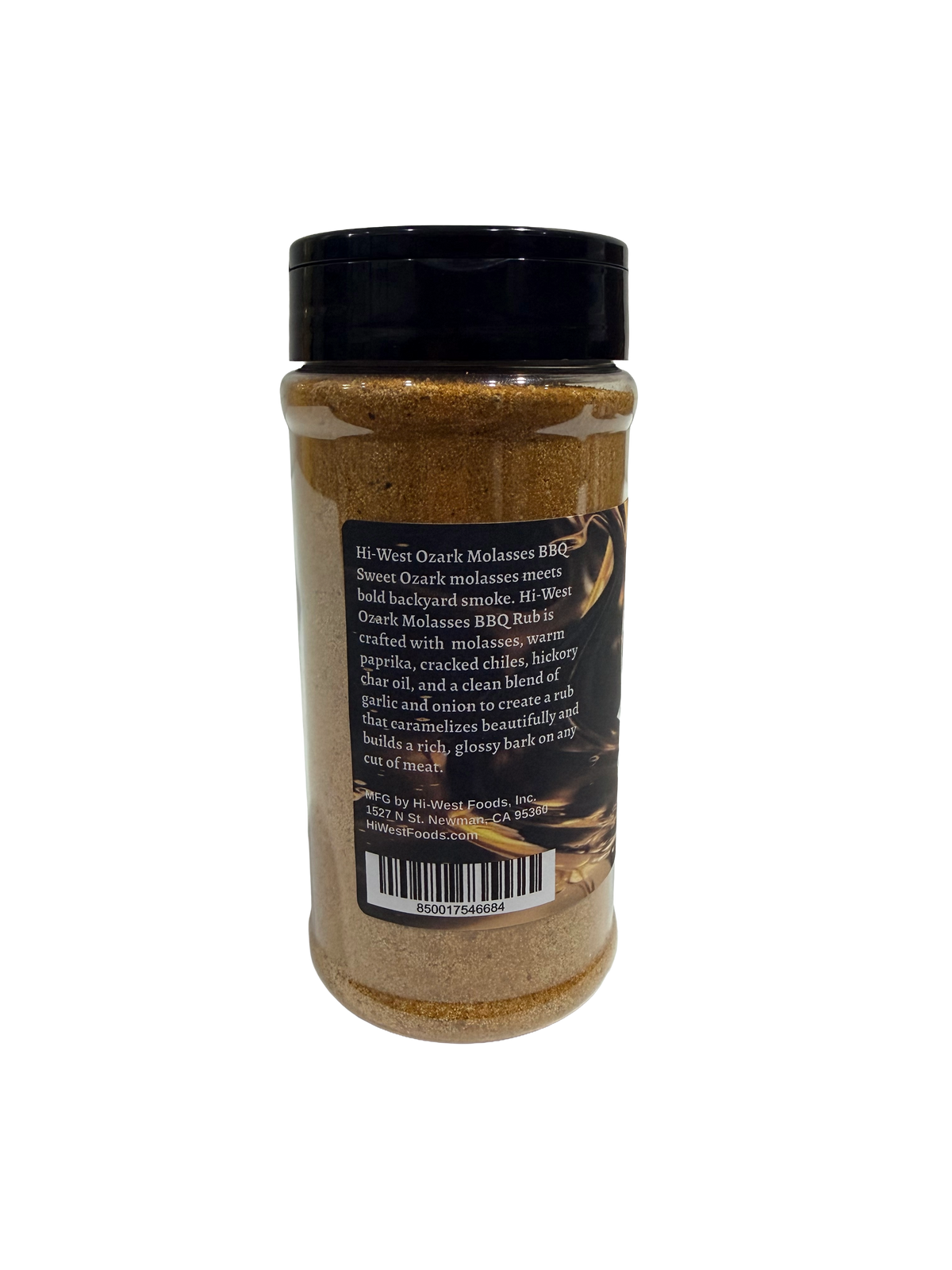 Hi-West Ozark Molasses BBQ seasoning jar with label, showcasing rich, dark molasses-based barbecue spice blend.