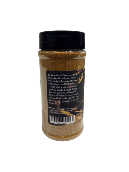 Hi-West Ozark Molasses BBQ seasoning jar with label, showcasing rich, dark molasses-based barbecue spice blend.