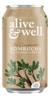 Six bottles of Alive & Well Organic Oak & Coconut Kombucha with brown bottles and labels, arranged on a neutral background.
