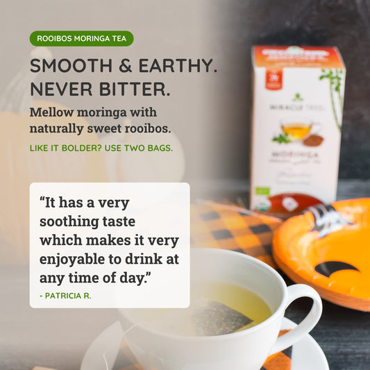 Organic Moringa and Rooibos herbal tea from Miracle Tree in a tea bag, showcasing dried herbs and leaves.