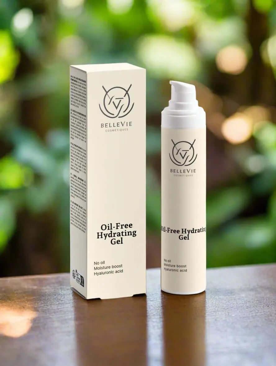 BelleVie Cosmétiques oil-free hydrating gel in a 50ml jar, lightweight moisturizer for radiant, refreshed skin.
