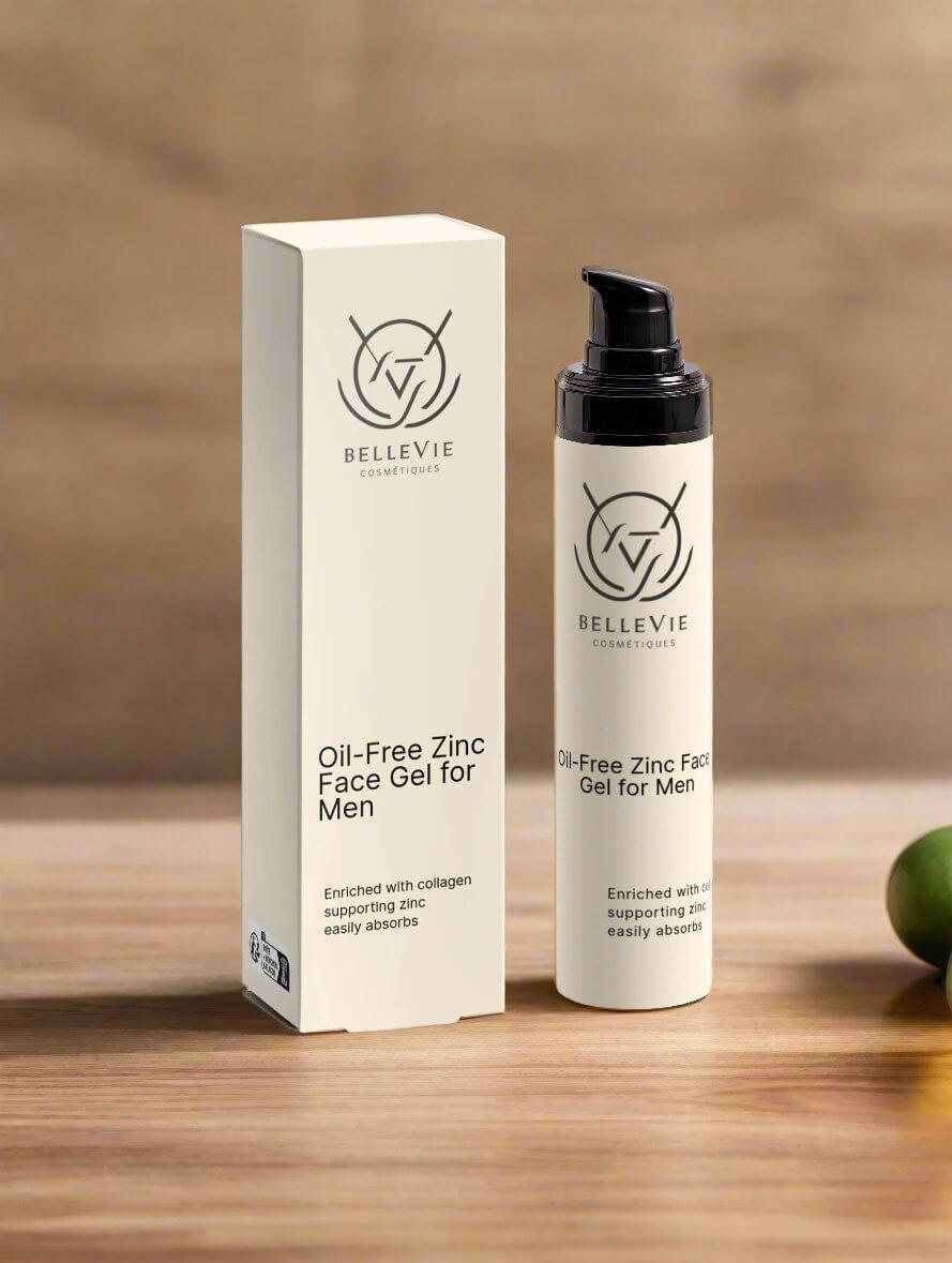 Men's Oil-Free Zinc Face Gel by BelleVie Cosmétiques, 50ml, with soothing and oil control properties for healthy skin.