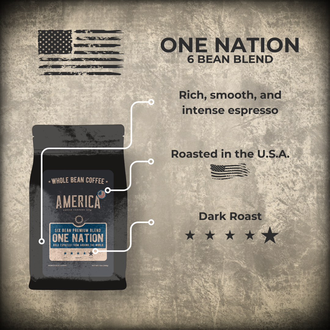 Bag of America Supply Company LLC One Nation 6 Bean Blend coffee with colorful label and branding.