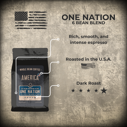 Bag of America Supply Company LLC One Nation 6 Bean Blend coffee with colorful label and branding.