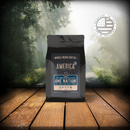 Freshly brewed cup of One Nation 6 Bean Blend coffee by America Supply Company LLC, showcasing a steaming mug with a rich aroma.