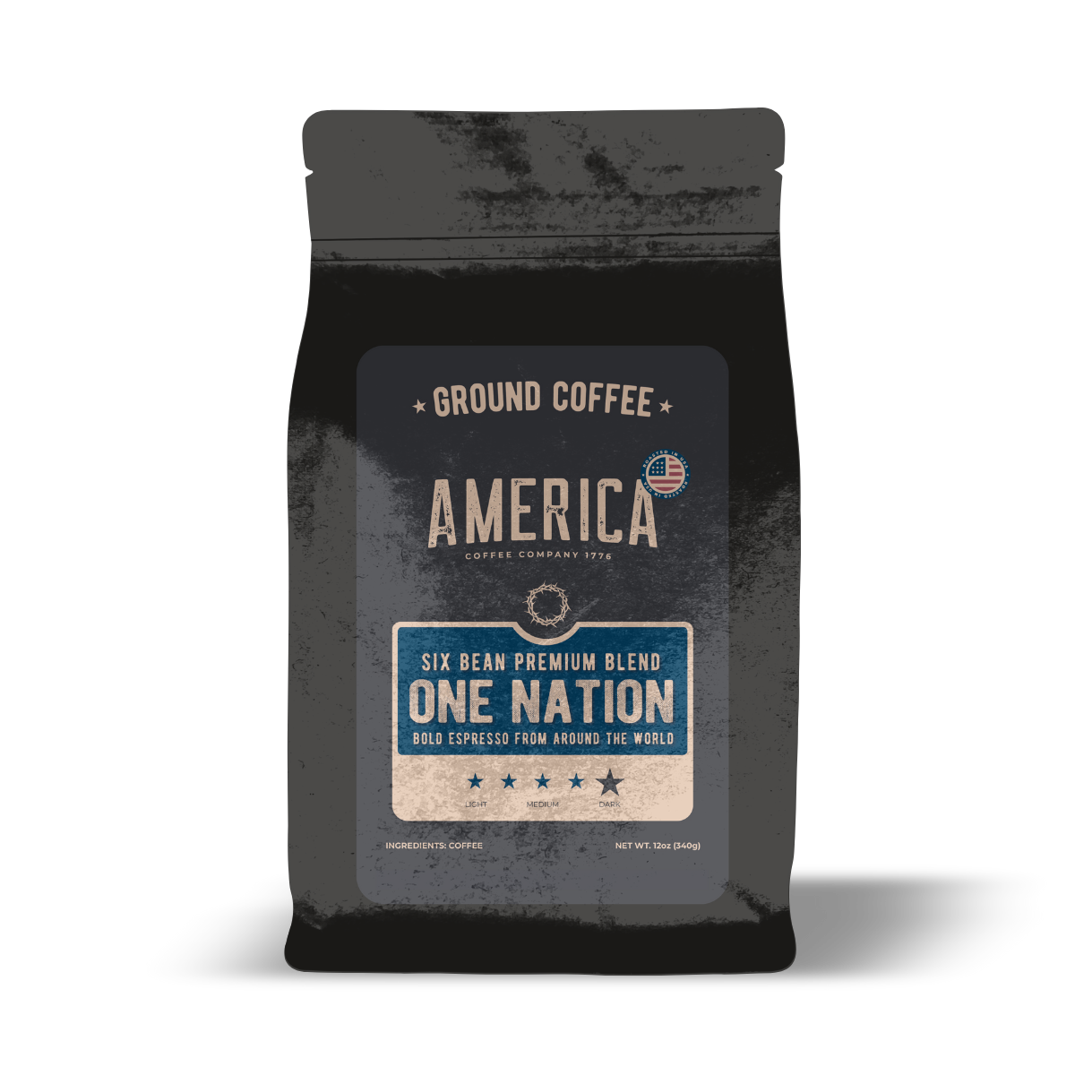 Ground coffee from America Supply Company LLC's One Nation 6 Bean Blend, showcasing a rich, aromatic coffee blend in a bag.