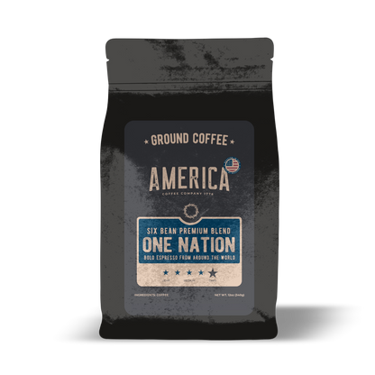 Ground coffee from America Supply Company LLC's One Nation 6 Bean Blend, showcasing a rich, aromatic coffee blend in a bag.