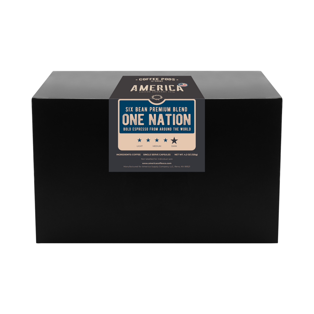 Six-pack of One Nation coffee bean blend pods from America Supply Company LLC, featuring coffee pods in a box.