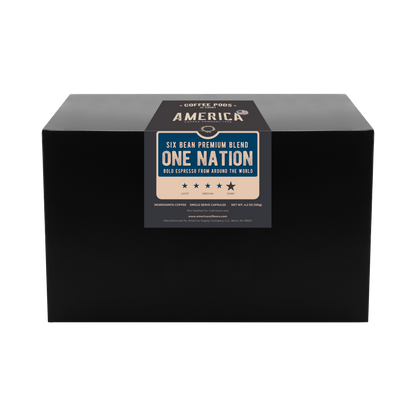 Six-pack of One Nation coffee bean blend pods from America Supply Company LLC, featuring coffee pods in a box.