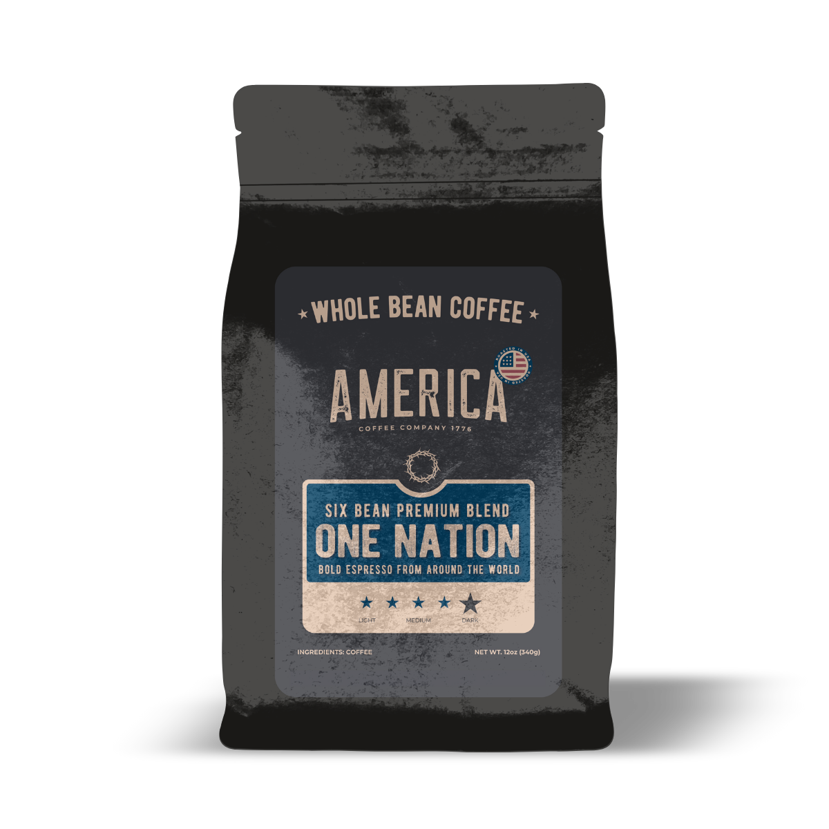 Whole coffee beans from the One Nation - 6 Bean Blend by America Supply Company LLC, showcasing fresh, roasted coffee beans.