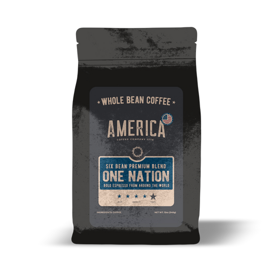 Whole coffee beans from the One Nation - 6 Bean Blend by America Supply Company LLC, showcasing fresh, roasted coffee beans.