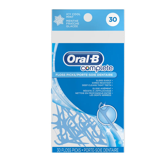 Crest 3D White Radiant Whitening Floss pack with 30 dental floss picks, featuring icy cool mint flavor for fresh breath and clean teeth.