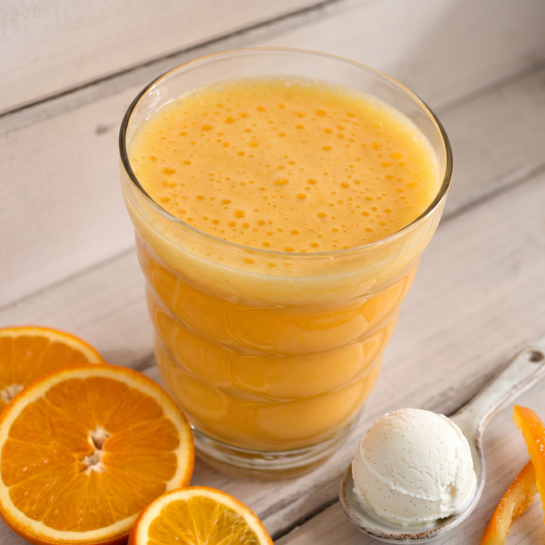 Creamy orange creamsicle protein shake by AmBari Nutrition in a glass, showcasing a vibrant orange-colored smoothie.