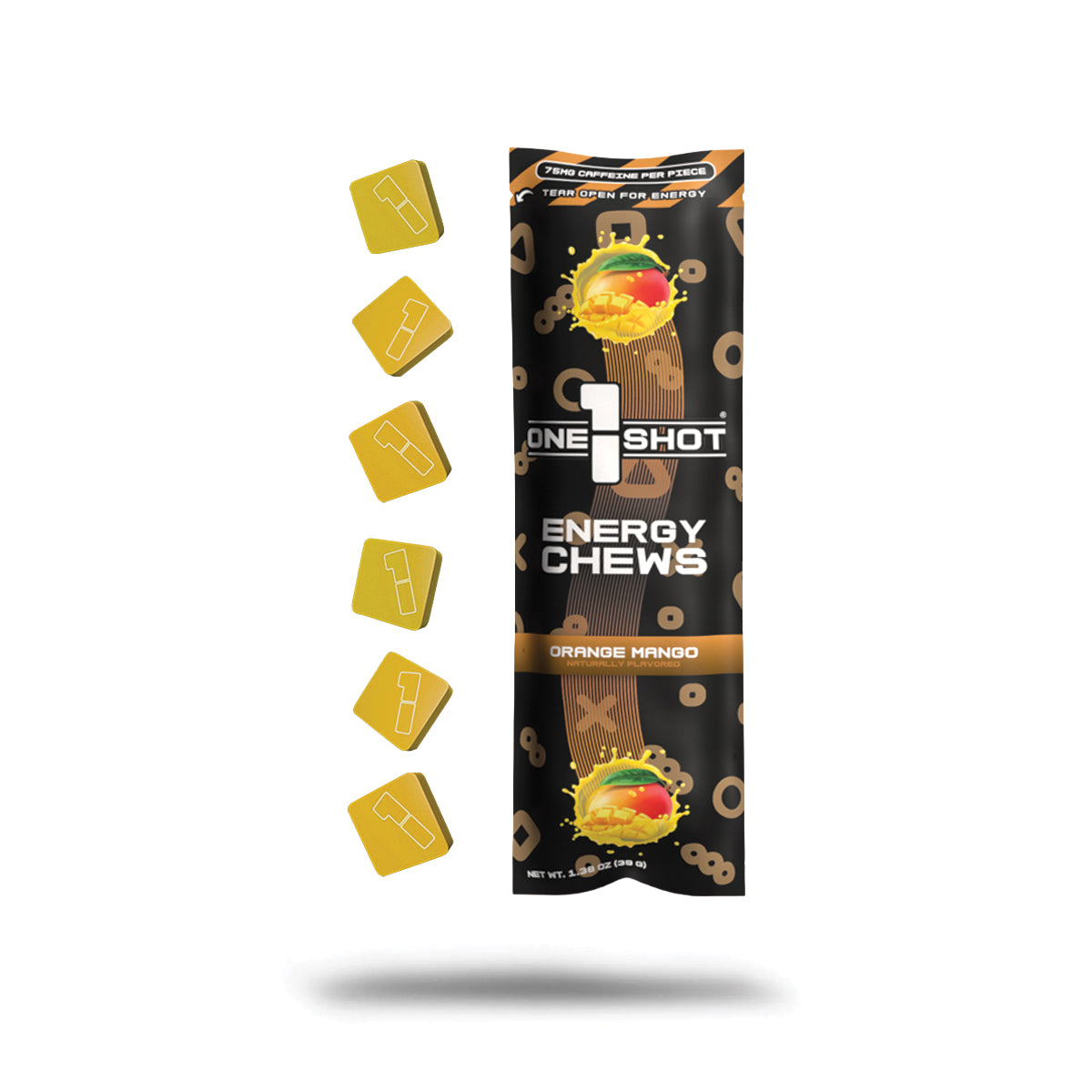 Orange Mango 1 Shot Energy Chews sleeve with colorful packaging and visible chews inside, designed for quick energy boost.
