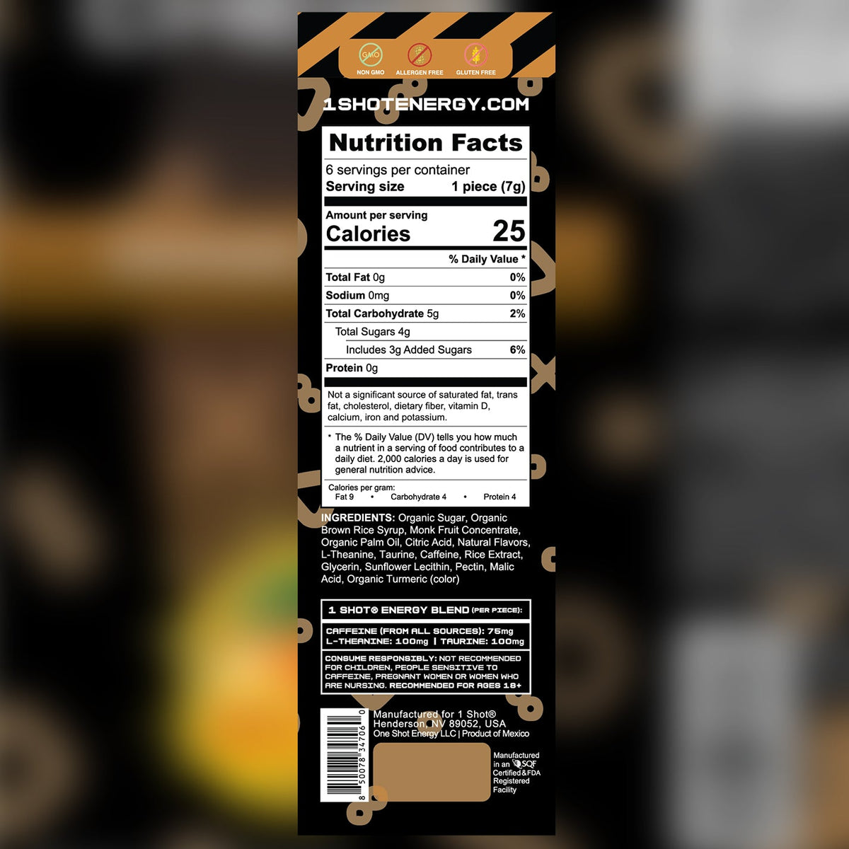 Orange mango flavored energy chews from 1 Shot Energy's Energy Stack in a colorful sleeve package.