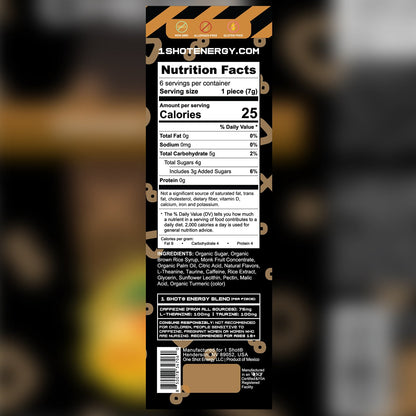 Orange mango flavored energy chews from 1 Shot Energy's Energy Stack in a colorful sleeve package.