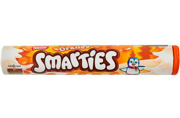 Nestle Orange Smarties giant tube 120g with colorful chocolate candies in a bright orange tube.