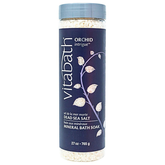 Pasteur Pharmacy Vitabath Orchid Intrigue Dead Sea Salt in a 27 oz container, featuring a floral orchid design on the label.