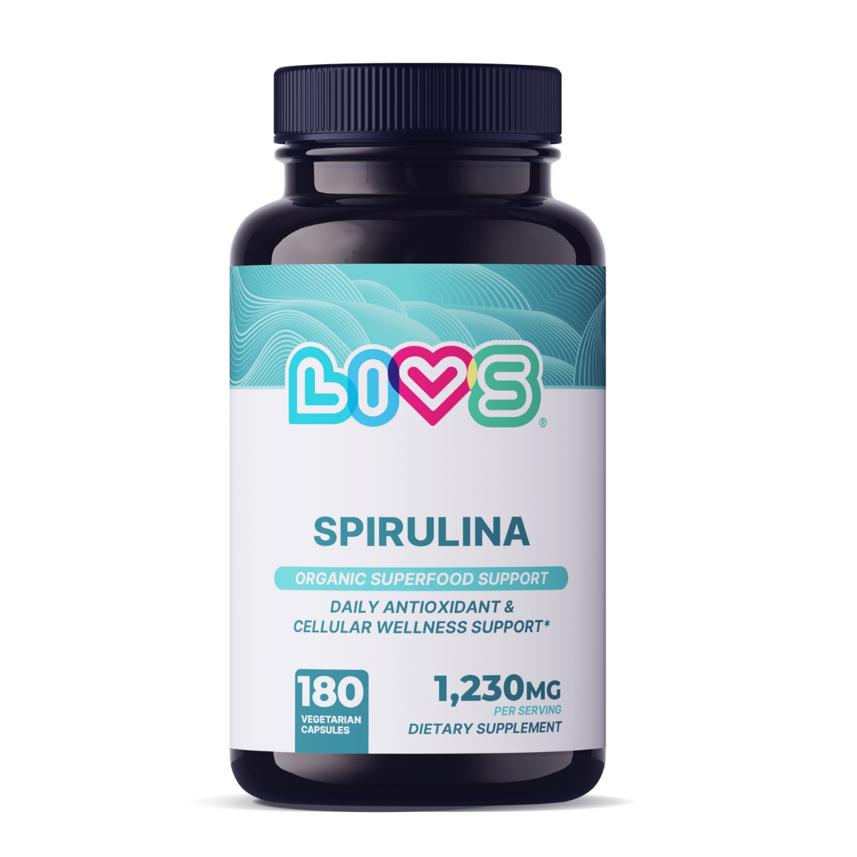 LIVS organic spirulina capsules in a clear bottle, showing green spirulina powder inside, for health and nutritional support.