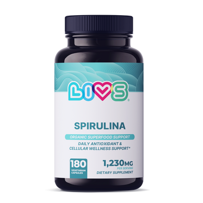 LIVS organic spirulina capsules in a clear bottle, showing green spirulina powder inside, for health and nutritional support.
