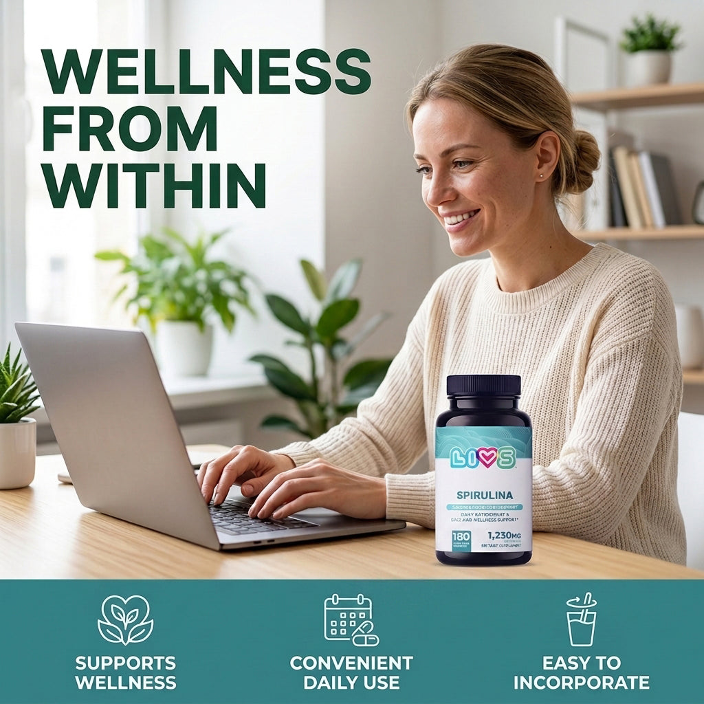LIVS Organic Spirulina capsules in a bottle, showing green herbal supplement capsules for health and nutrition.