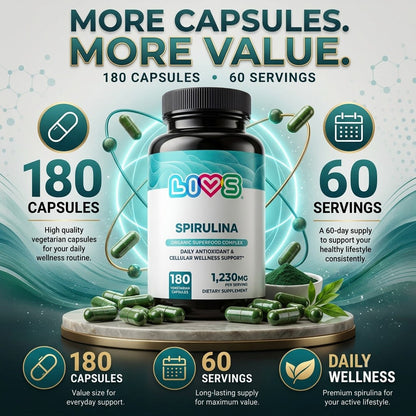 LIVS Organic Spirulina capsules, 1230mg, green supplement capsules in a clear bottle on a white background