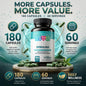 LIVS Organic Spirulina capsules, 1230mg, green supplement capsules in a clear bottle on a white background