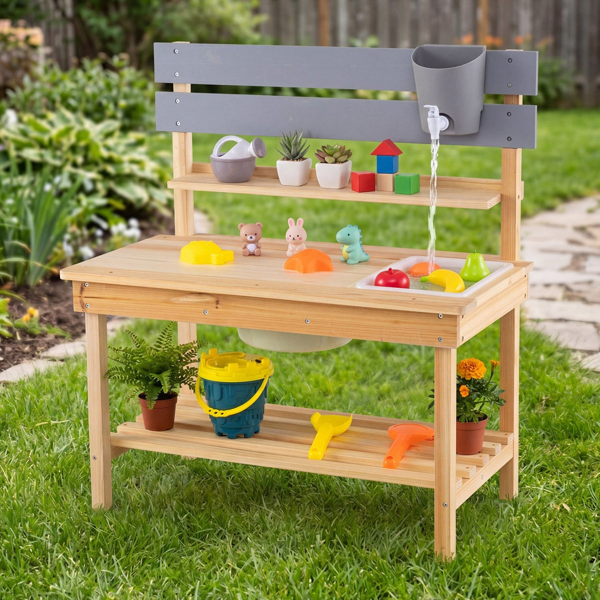 Outdoor kids' mud kitchen play set by GBruno Store with extended tabletop and water tank for outdoor water play and cooking fun.