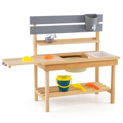 Outdoor kids mud kitchen play set with extended tabletop and water tank for outdoor imaginative play.