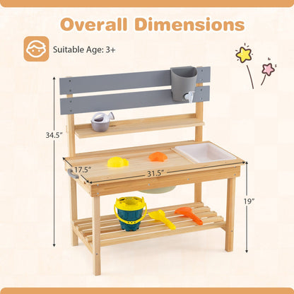 Outdoor kids mud kitchen play set with extended tabletop and water tank, featuring colorful plastic construction for outdoor play.