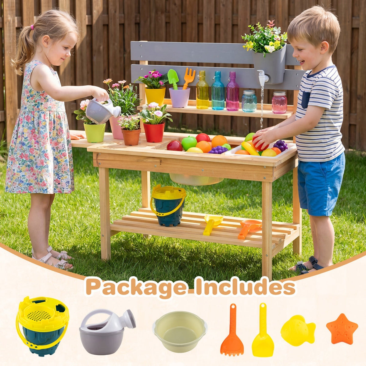Outdoor kids play kitchen set by GBruno with extended tabletop, water tank, and mud features for outdoor imaginative play.