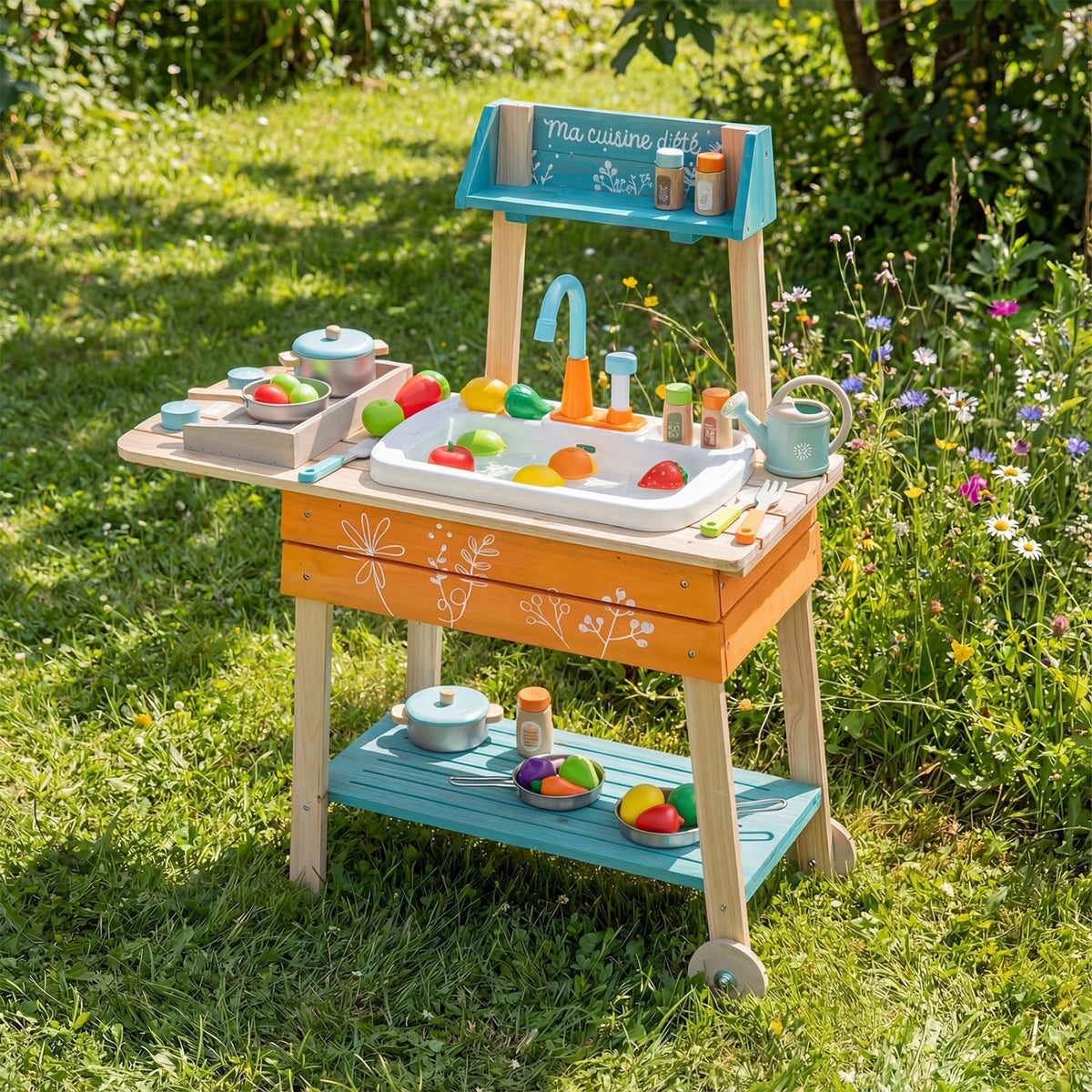 Wooden outdoor kids play kitchen set with removable sink, GBruno Store outdoor toy kitchen for children to pretend play.