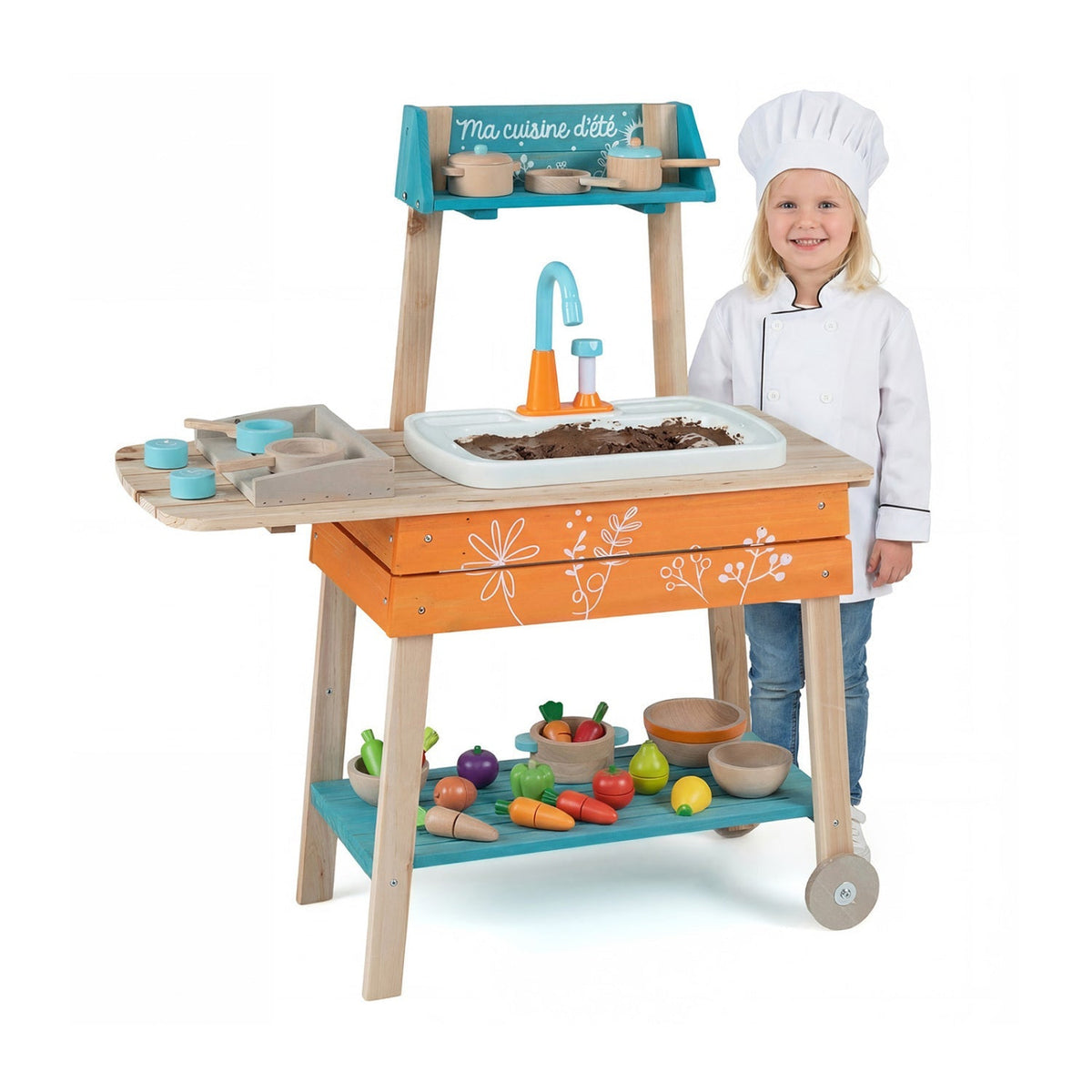 Outdoor kids wooden play kitchen set with removable sink, featuring realistic stove and storage for imaginative play.