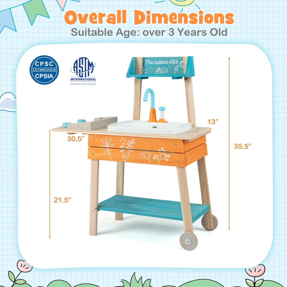 Wooden outdoor kids play kitchen set with removable sink, GBruno Store toy kitchen playset for children, realistic and durable.