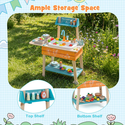 Wooden outdoor kids play kitchen set with removable sink, featuring realistic appliances and colorful play surfaces for imaginative play.