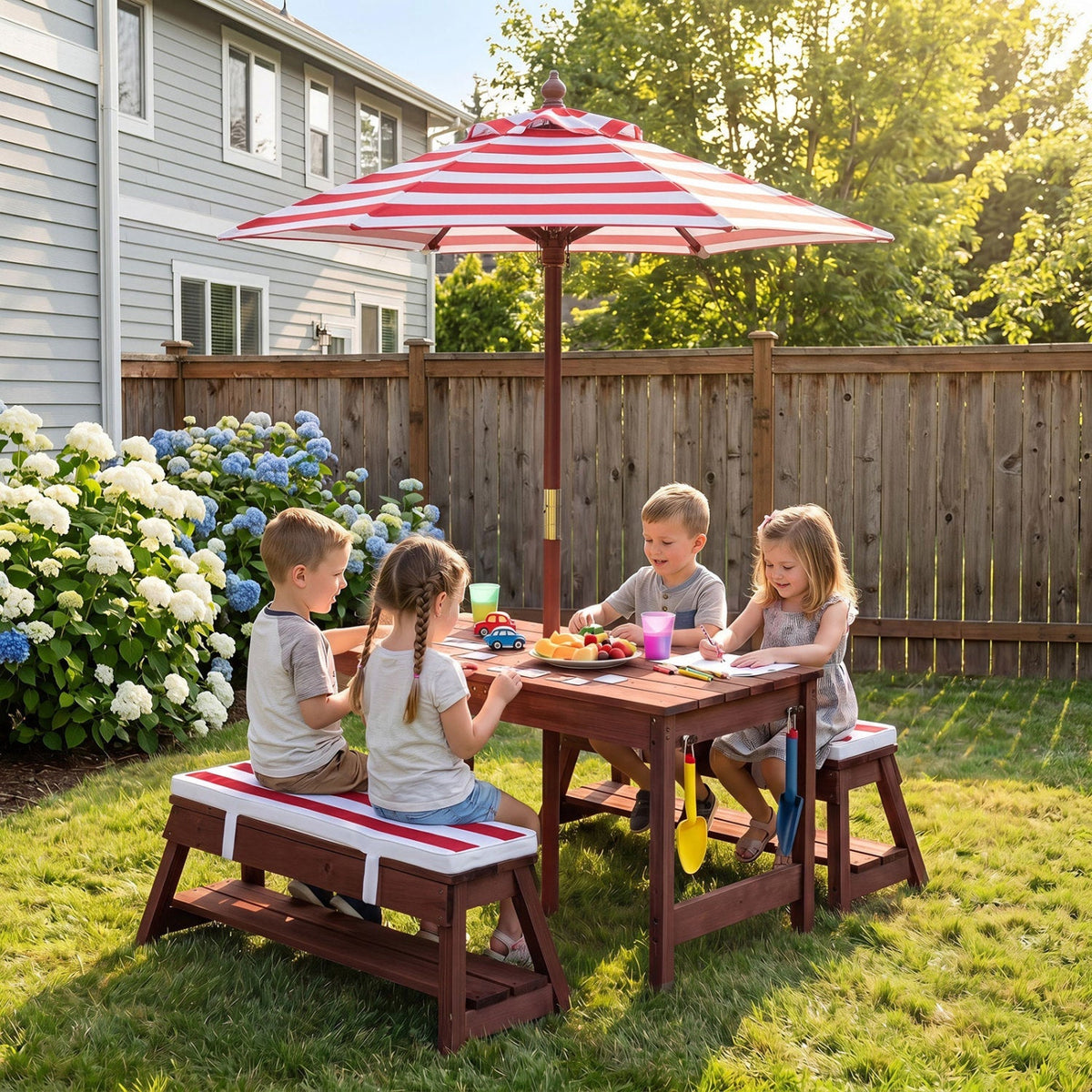 Kids wooden picnic table set with umbrella and sandboxes, outdoor kids table set by GBruno Store, perfect for play and dining outside.