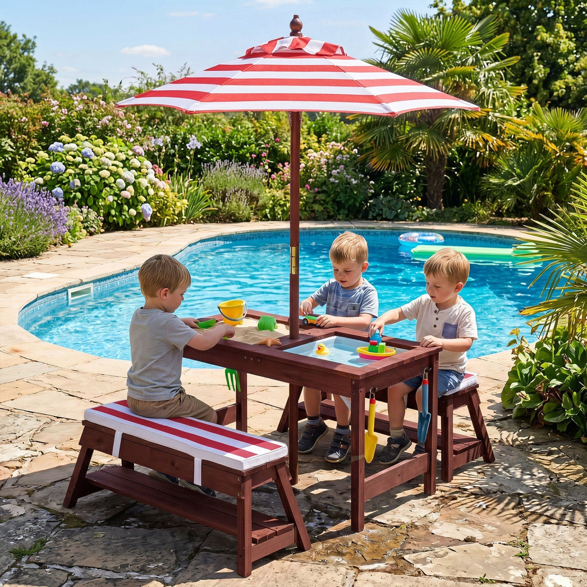 Kids wooden picnic table set with umbrella and sandboxes, suitable for outdoor play and family gatherings.