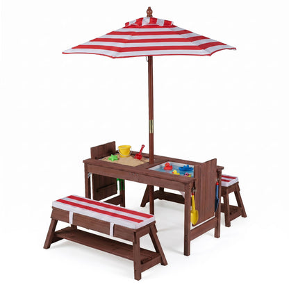 Kids wooden picnic table set with umbrella and sandboxes, outdoor play furniture for children by GBruno Store.