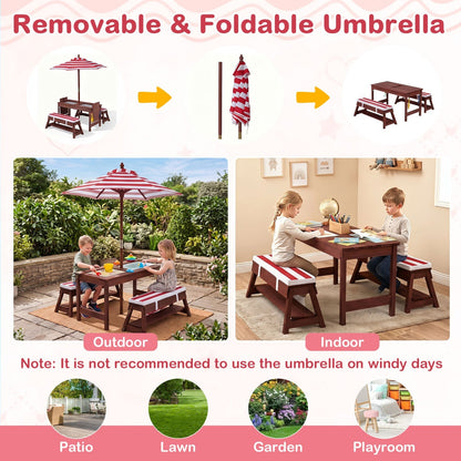 Kids wooden picnic table set with umbrella and sandboxes, perfect for outdoor play and family gatherings.