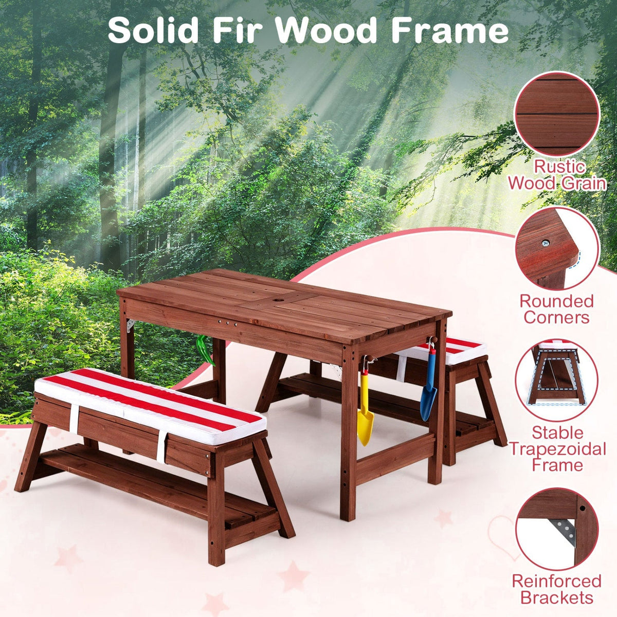 Kids wooden picnic table set with umbrella and sandboxes, outdoor play furniture for children, by GBruno Store.