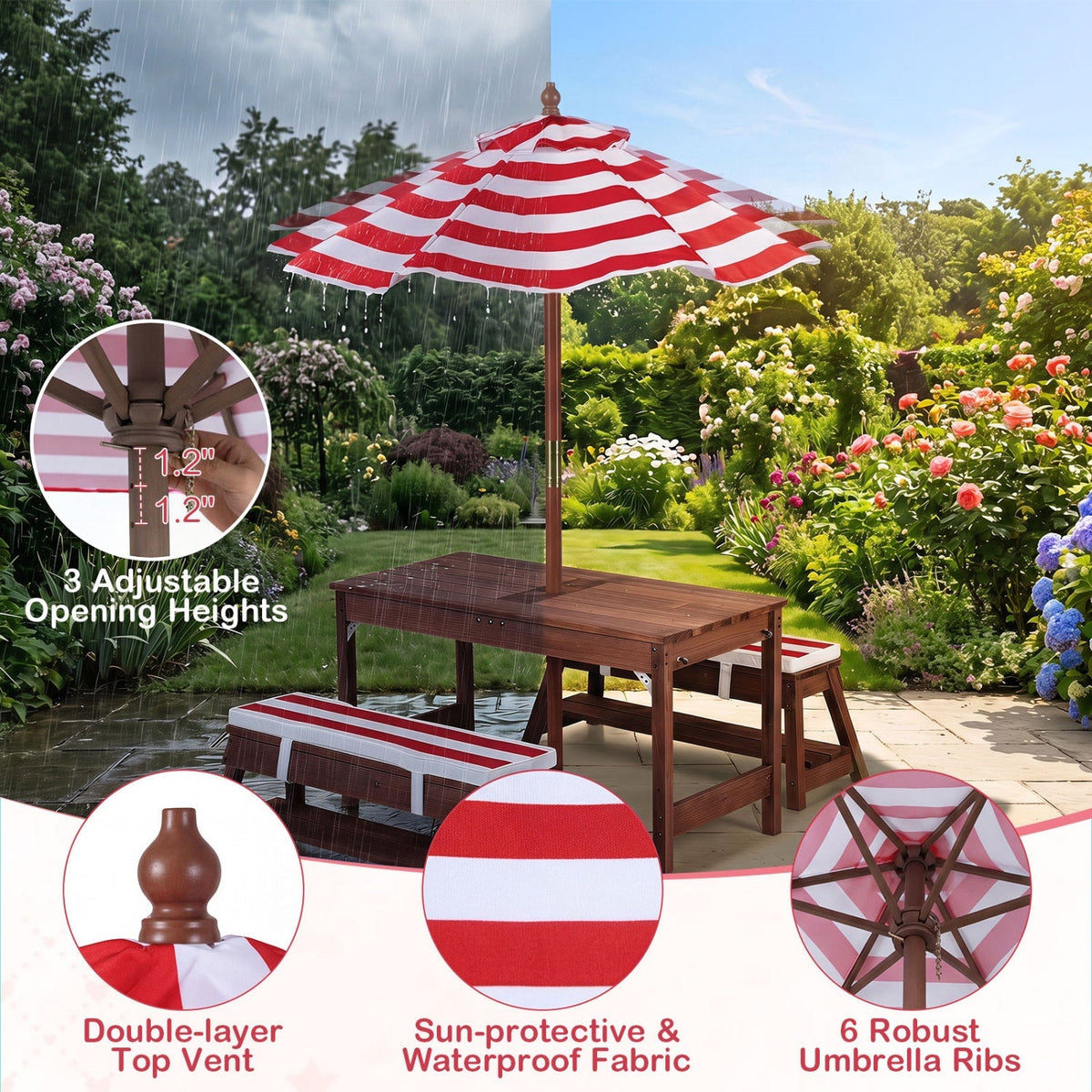Kids wooden picnic table set with umbrella and sandboxes, featuring colorful chairs and a sturdy outdoor design by GBruno Store.