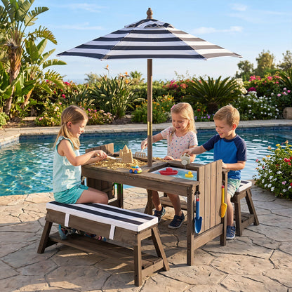 Kids wooden picnic table set with umbrella and sandboxes, outdoor play furniture for children by GBruno Store.