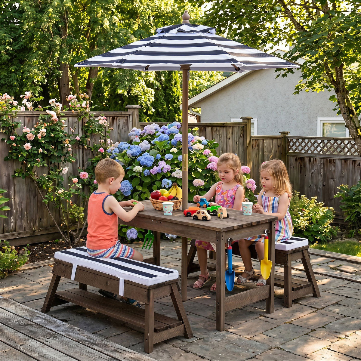 Kids wooden picnic table set with umbrella and sandboxes, outdoor play furniture for children by GBruno Store.