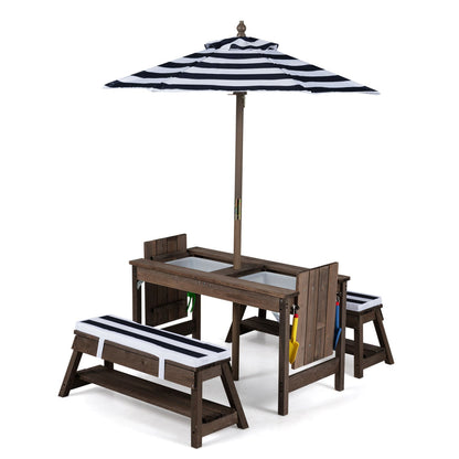 Kids wooden picnic table set with attached umbrella and sandboxes, outdoor play furniture for children by GBruno Store